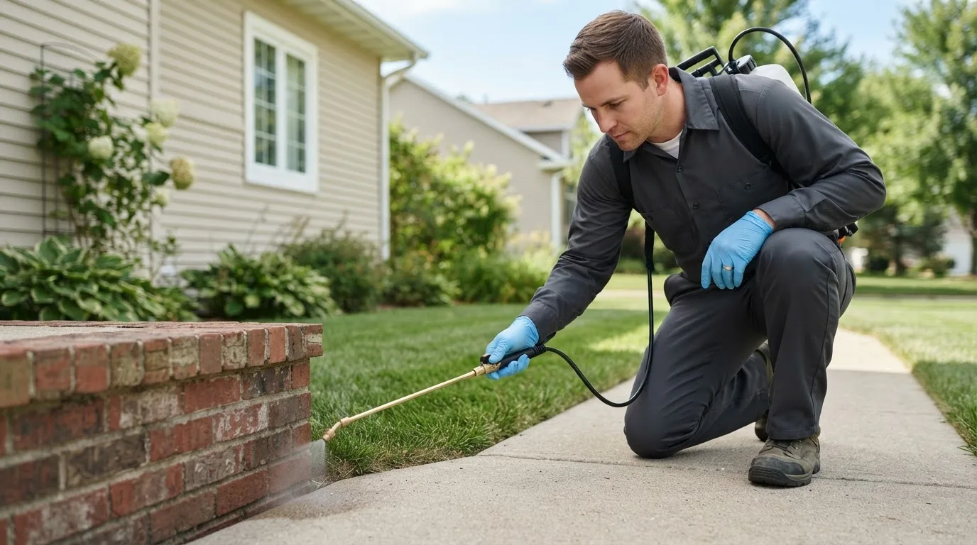 Pest control technician treating a home near Kearneysville, WV