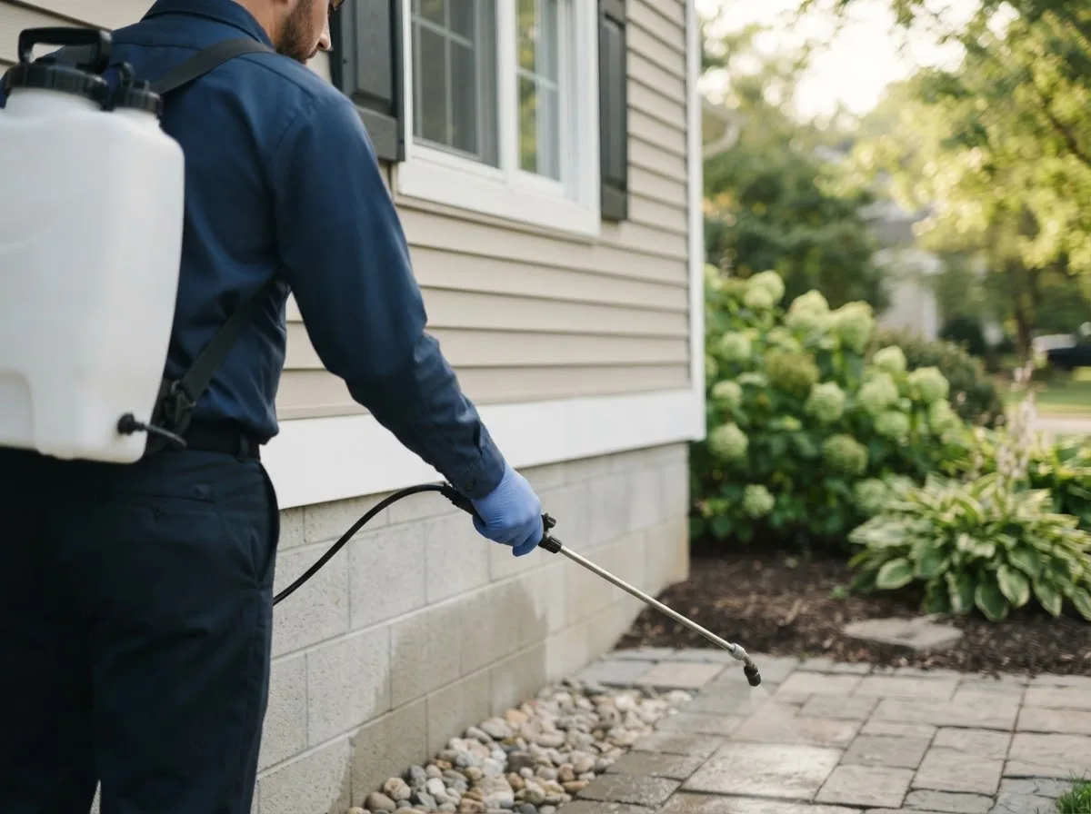 Pest control technician inspecting a home in Kearneysville, WV